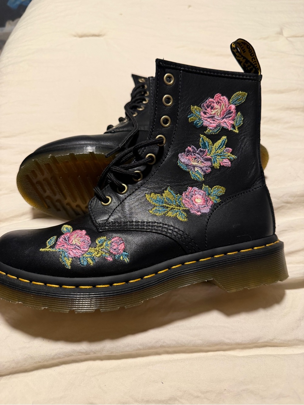 Dr. Martens Black Leather Lace-Up Boots with Pink Floral Embroidery